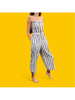 American Eagle XS Striped Jumpsuit Blue White Linen Blend Wide Leg Preppy Modern